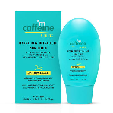 mCaffeine Hydra Dew Ultralight Sun Fluid SPF50 PA++++ UVA/UVB Blue Light Protection|Water Like Glow Texture|Lightweight, Non-Sticky, Quick Absorbing|No White Cast|All Skin Types|For Men/Women - 50ml